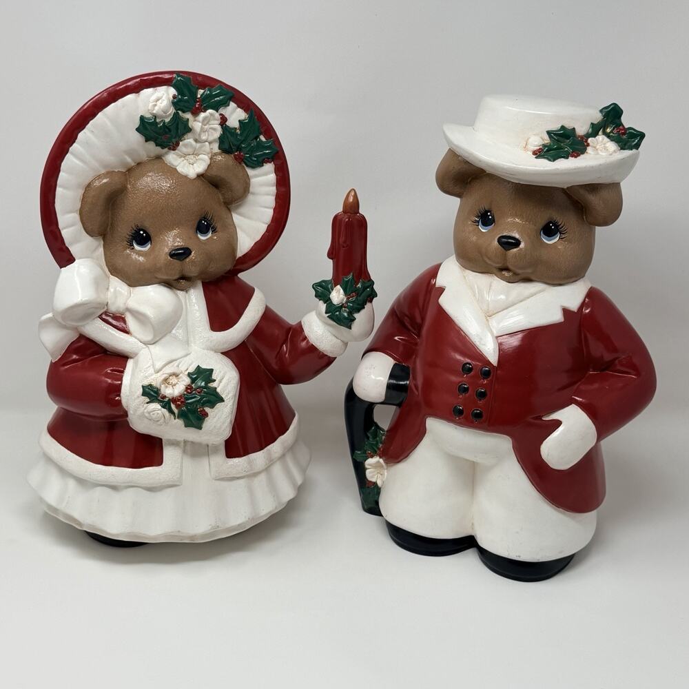 Lot of 2 - Ceramic Hand painted Holiday Bears 12” Pointsettia Christmas Bears